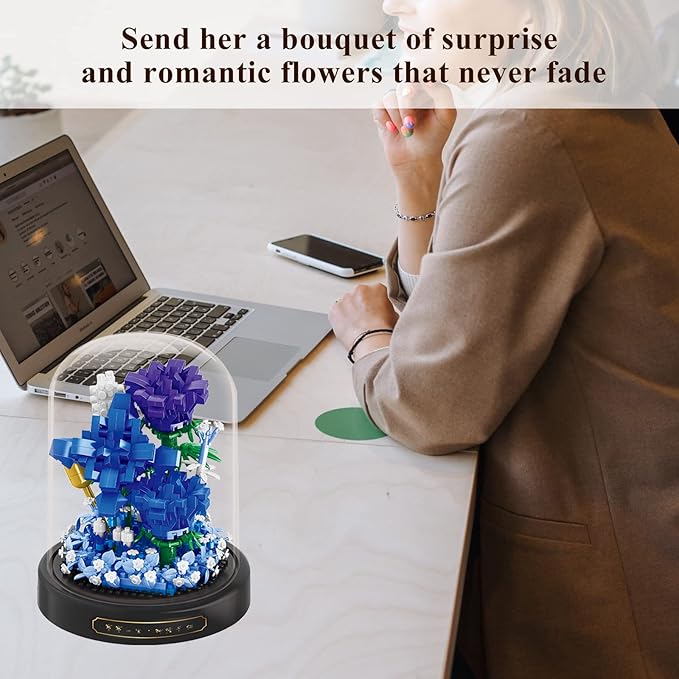 Roses Flower Bouquet Set,Mini Bricks Botanical Collection Flowers Building Blocks,Assembly Bonsai Tree Friends Sets, Valentine's Anniversaries Birthday Gift for Women Friends Adults(Blue)