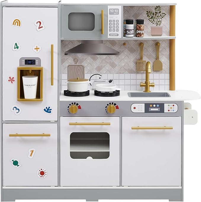 Teamson Kids Little Chef Springfield Play Kitchen with Pretend Ice Dispenser, Magnetic Surface, and 21 pc. Accessory Set, Gray/White