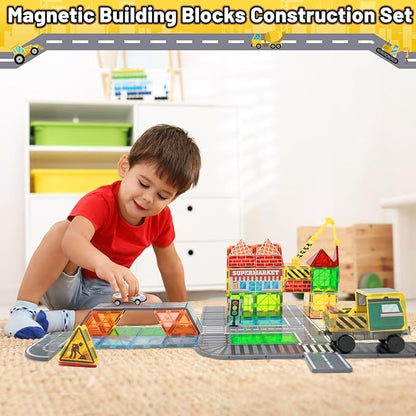 Magnetic Tiles Magnetic Building Blocks, Building Toys for Kids Ages 3-5 4-8 8-12 Toddlers STEM Preschool Toys Boys Toys, City Construction Toys Set with 2 Cranes Train Tracks Road Car