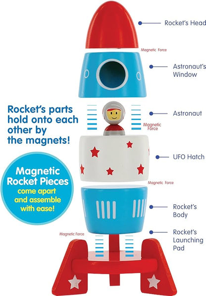 Wooden Stacker Toy Space Rocket - 6 Magnetic Stacking Pieces - Magnet Building Set with Surprise Astronaut Inside, Fun Hands On Game for Kids, All Natural Wood Set, Childrens Interactive Play Gift