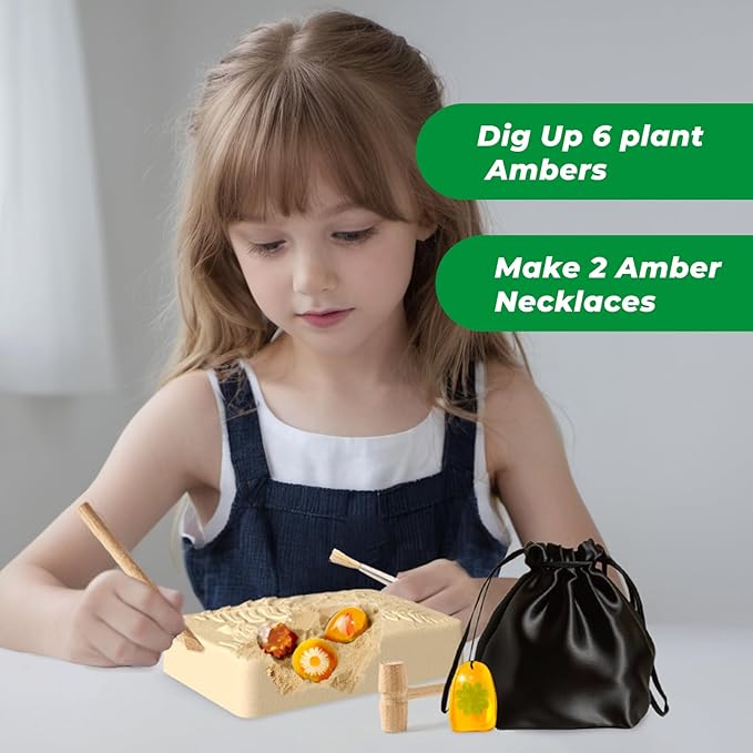 EDUMAN Amber Dig Kit - 6 Artificial Plant Resin Specimens, Biology Fossil Excavation Set with Natural Amber, STEM Inspired Educational Toy for Kids Ages 6-12, for Boys & Girls