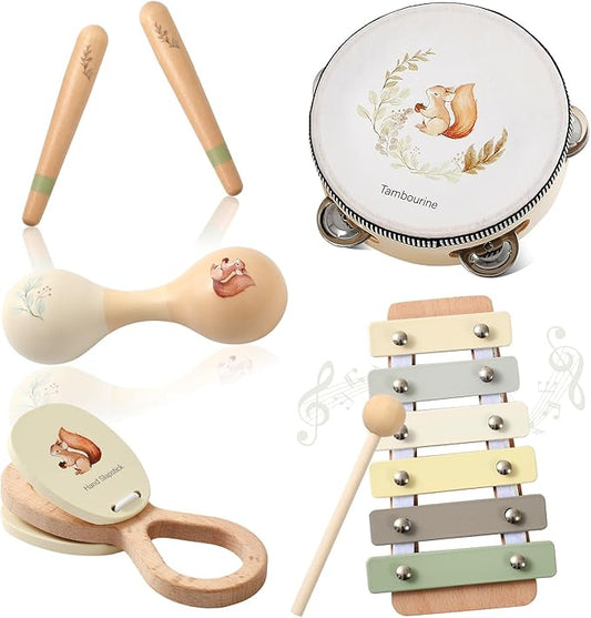 Baby Musical Instruments Set Wooden Montessori Musical Toys for Toddlers Neutral Colors Percussion Instruments Set with Modern Boho Xylophone Tambourine Educational Musical Toys for Preschool Kids