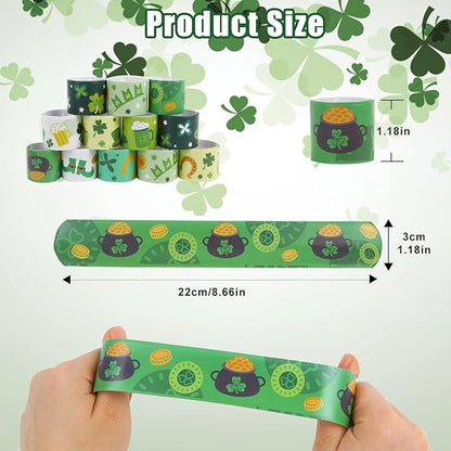 KIMOBER 48PCS St. Patrick's Day Slap Bracelets,Green Snap Wristbands with Sharmrock Cauldron for Kids Party Favors