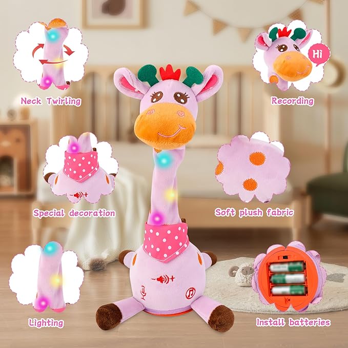 Dancing Talking Giraffe Toy, Stuffed Animal Baby Toy Repeating What You Say, Glowing Musical Electronic Giraffe Gifts for Toddlers 1-3 Years Old, Easter Gift for Kids (Purple Giraffe)