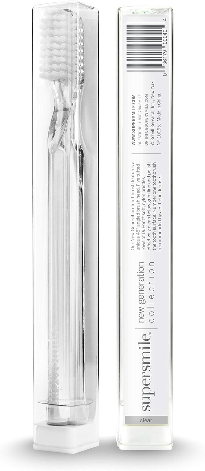 Supersmile New Generation Toothbrush w/Patented 45° Soft Nylon Bristles - Whitening Tooth Brush w/Ergonomic Handle Guarantees ADA Recommended Brushing Angle for Adults & Children (Clear),1 Count