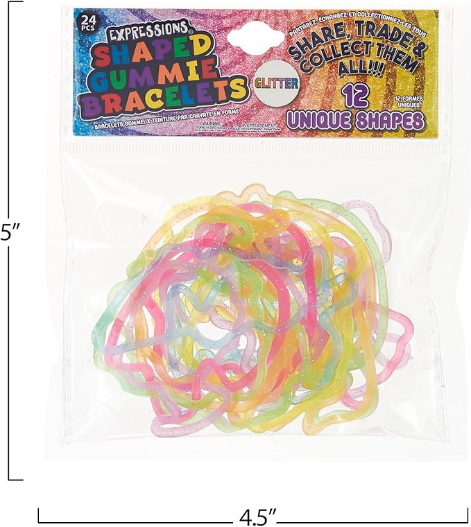 Expressions 48pc Shaped Gummie Bracelets - Bulk Pack Colorful Pastel Glitter Rubberband Bracelets, Kids Party Favors & Bracelet Kit