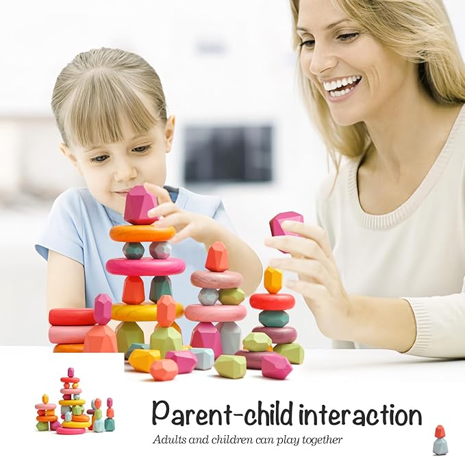 OESSUF Stacking Rocks 26Pcs Stacking Blocks Balancing Stacking Stones Wooden Building Toys Wood Stone Stacking Game for Toddler Sorting Preschool Educational Montessori Stacking Rocks for Kids