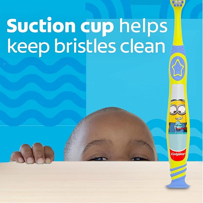 Colgate Kids Toothbrush, Minions, With Extra Soft Bristles and Built In Suction Cup Holder, 4 Pack