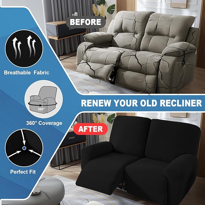 JIVINER 4 Pieces Recliner Loveseat Covers Stretch Recliner Sofa Slipcover with Elastic Bottom Jacquard Fitted Reclining Couch Cover Furniture Protector with Pockets (2 Seater, Black)