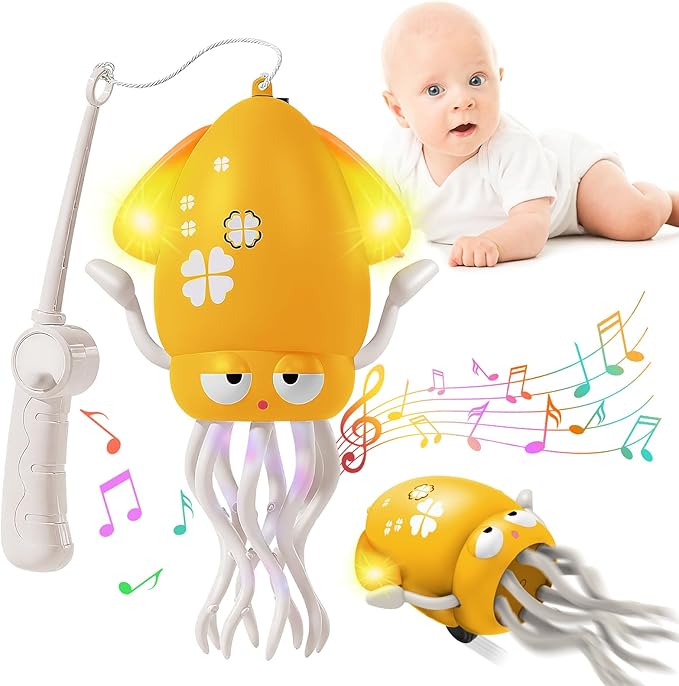 Plnmlls Dancing Octopus Toy,Tummy Time Toys,with Music and LED Light,Built-in Rechargeable Battery and Volume Can be Turned Off for 6-12 12-18 36 Months Walking Toddler Birthday Gift(Amber)