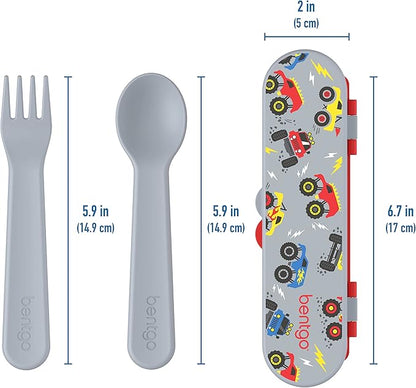 Bentgo Kids Utensil Set - Reusable Plastic Fork, Spoon & Storage Case - BPA-Free Materials, Easy-Grip Handles, Dishwasher Safe - Ideal for School Lunch, Travel, & Outdoors (Trucks)