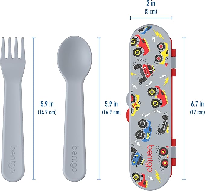 Bentgo Kids Utensil Set - Reusable Plastic Fork, Spoon & Storage Case - BPA-Free Materials, Easy-Grip Handles, Dishwasher Safe - Ideal for School Lunch, Travel, & Outdoors (Trucks)
