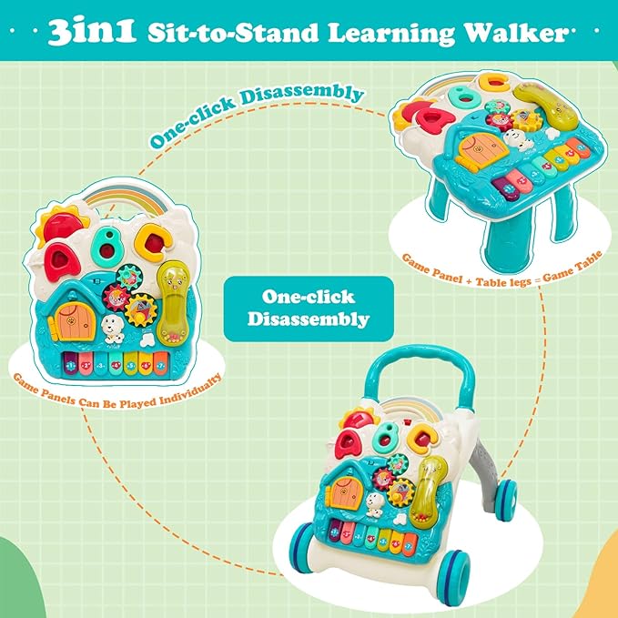 Sit-to-Stand Learning Walker 3 in1 Baby Walker Early Education Activity Center with Weight Design Sounds Music Phone Multifunctional Removable Play Panel Push Walker Toddler Toy Gift for Boys Girls