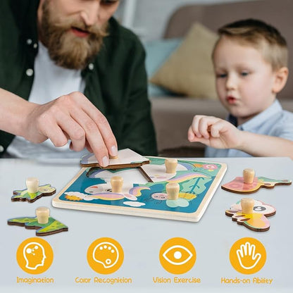 Wooden Toddler Puzzles, Funsland Peg Puzzles Gifts Toys, 4 Pcs Eco Friendly Animal Patterns Jigsaw with Handles, Infant Kid Fine Motor Skill Learning Educational Montessori Puzzles for 1 2 3 Years Old
