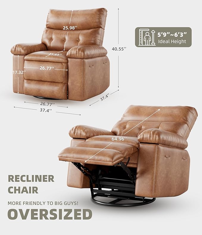 Oversized Electric Recliner Chair - 360° Rocker Swivel Recliner with Heat and Massage, PU Leather Large Power Recliner for Adults, Comfortable Lazy Chair with 1.5X Sponge Filling