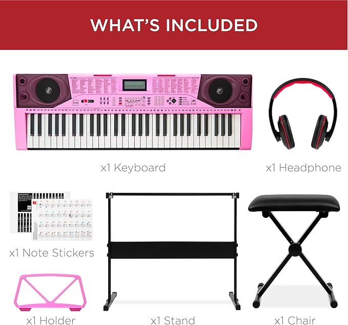 Best Choice Products 61-Key Beginners Complete Electronic Keyboard Piano Set w/Lighted Keys, LCD Screen, Headphones, Stand, Bench, Teaching Modes, Note Stickers, Built-In Speakers - Pink