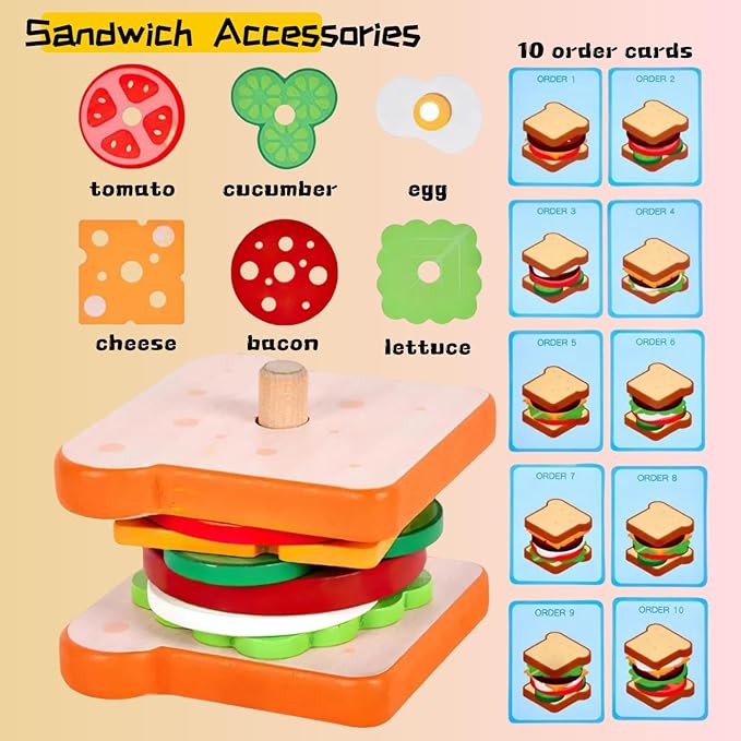Montessori Toys for 3+ Year Old, Wooden Sandwich Stacking Food Toys for Toddlers 3 4 5, Preschool Learning Activities Fine Motor Toys, Kids Educational Gift for Boys Girls Birthday Christmas