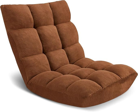 Folding Floor Chair 14-Position Cushioned Adjustable Floor Lazy Sofa Chair w/Breathable Cotton & Skin-Friendly Flannel for Adults & Kids Ideal for Reading Meditating, Brown