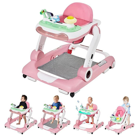 5-in-1 Baby Walker with Wheels, Baby Walkers for Boys Girls 6-18 Months, Foldable Adjustable Walker with Bouncer, Feeding Tray, Music & Detachable Footrest(Pink)