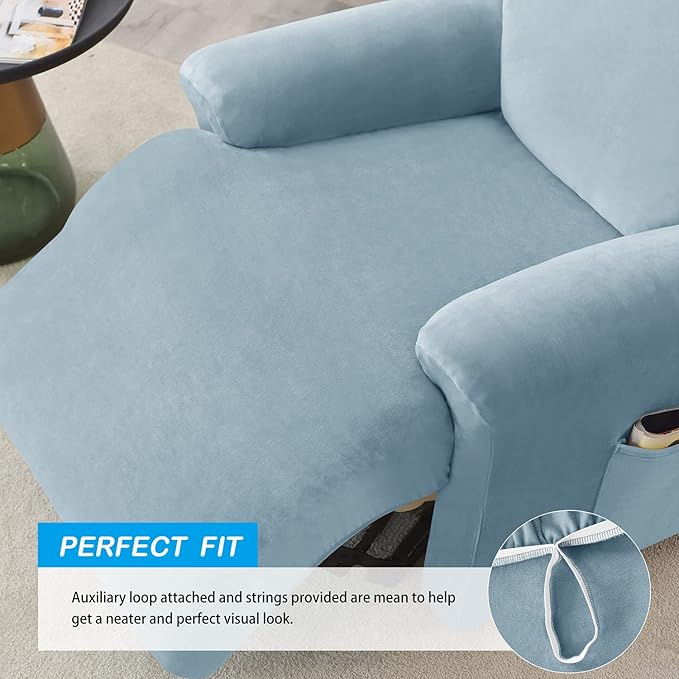 OBCREAT High Stretch Recliner Chair Cover Soft Velvet Recliner Slipcovers 4 Pieces Lazy Boy Recliner Couch Covers Plush Furniture Protector for Kids Pets (Light Blue)
