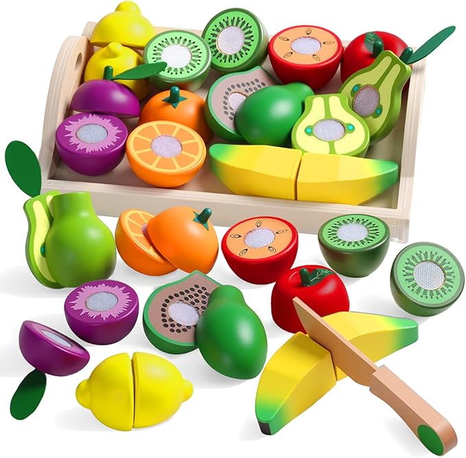 Fajiabao Wooden Play Food for Kids Kitchen Montessori Toys for 2 Year Old Girls & Boys Wood Cutting Fruit Set with Tray Fine Motor Skills Educational Toddler Gifts 2 3 4 5 6