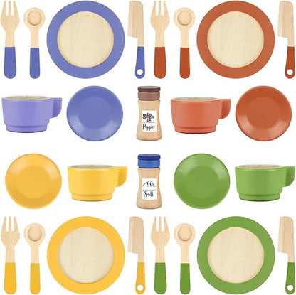 Wooden Play Dishes and Plates for Kids Kitchen Set Accessories for Toddlers 1-3 Cooking Toys Tea Cups for Kids Kitchen Birthday Gift for 3 4 5 Year Old Boys Girls