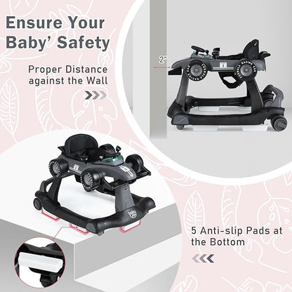 BABY JOY 4-in-1 Baby Walker, Foldable Activity Walker with Adjustable Height & Speed, Music, Lights, Anti-Rollover, Toddler Push Walker, Baby Walker with Wheels for Boys Girls 6-18 Months (Gray)