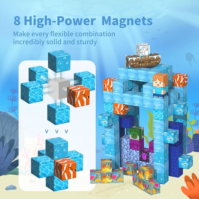 Magnetic Blocks-120PCS Ocean Quest Set，Magnetic Building Blocks Kids Toys for Ages 3 4 5 6 7 8 Birthday Gifts，STEM Montessori Sensory Toys for 3+ Years Old Boys & Girls