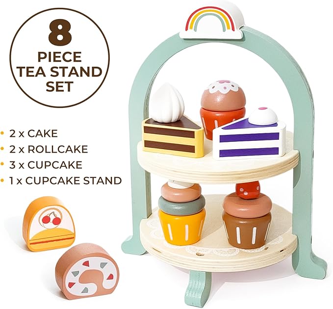 Tea Party Set for Little Girls with Cupcake Stand, Wooden Tea Set Toys for Girls Age 3 4 5 6 7 Year Old, Toddler Kids Kitchen Pretend Play Toys for Girls