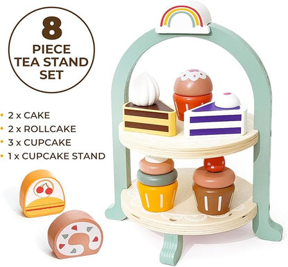 Tea Party Set for Little Girls with Cupcake Stand, Wooden Tea Set Toys for Girls Age 3 4 5 6 7 Year Old, Toddler Kids Kitchen Pretend Play Toys for Girls