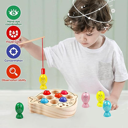 Wooden Magnetic Fishing Game for Kids 3+,Montessori Preschool Educational Activities Learning Hand-Eye Coordination Fine Motor Skills Color Sorting Magnet Fish Toys for Boys Girls