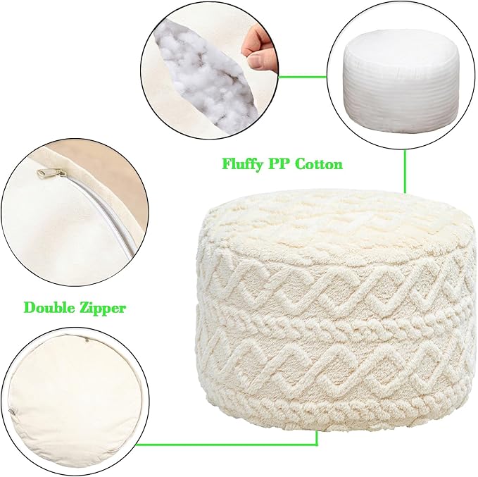 Pouf Ottoman Stuffed 20x20x12 Inches Floor Pouf Plush Fiber Ottoman Foot Rest Under Desk Foot Stool for Living Room Bedroom (Cream)