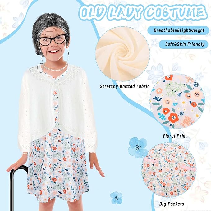 Kids 100 Days of School Costume for Girls Cosplay Outfit Including Grey Wig Cardigan Sweater Floral Dress Cat Eye Glasses