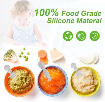 4pcs Silicone Baby Spoons Self Feeding 6+ Months, BPA Free Baby Led Weaning Spoons Training Spoon Toddler Self Feeding Utensils for 6-12 Months Babies (Grey)