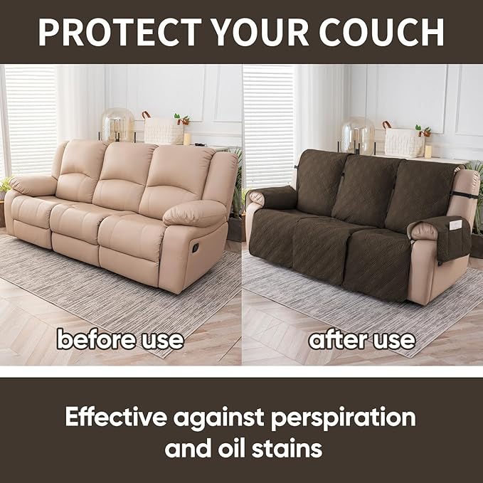 Easehomey Waterproof Recliner Sofa Cover,Non-Slip Reclining Sofa Covers for 3 Seat,Washable Reclining Sofa Cover Furniture Protector with Elastic Straps Pocket for Kids, Pets(Coffee,3Seat)