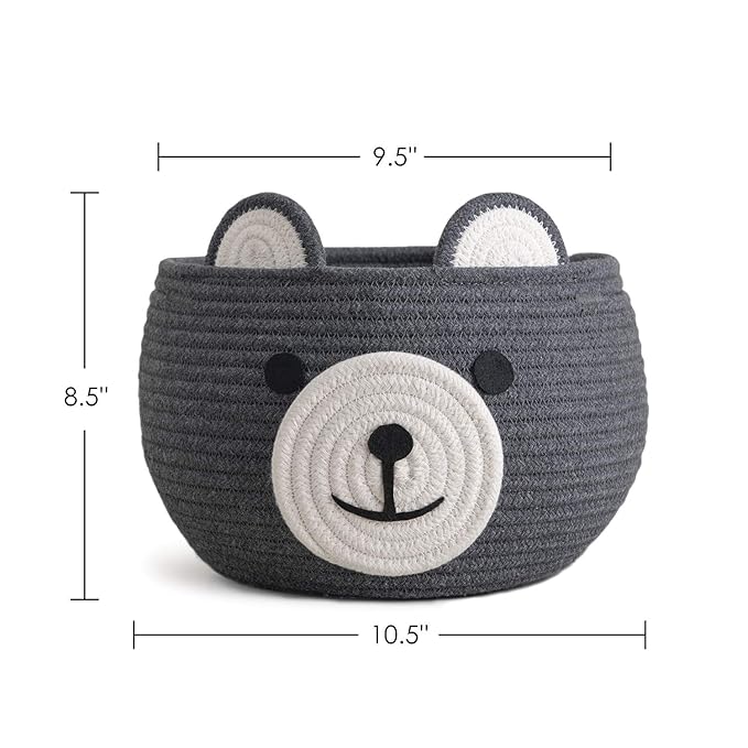 CherryNow Baby Basket for Nursery, Bear Gift Baskets for Kids, Empty Baby Shower Basket with Handles, Small Cute Animal Cotton Rope Baskets, Grey, 10.5"D x 8.5"H