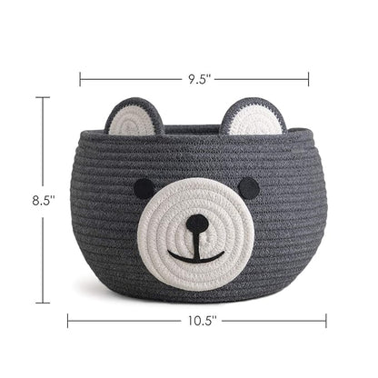 CherryNow Baby Basket for Nursery, Bear Gift Baskets for Kids, Empty Baby Shower Basket with Handles, Small Cute Animal Cotton Rope Baskets, Grey, 10.5"D x 8.5"H