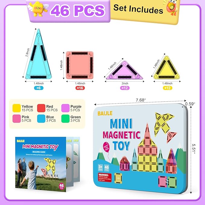BAIJLE 46PCS Mini Magnetic Tiles, for Kids, Portable Magnetic Toys Travel Set with Iron Case for Kids Ages 4-8,Creativity Boosting Building Toys Set,Toddler Puzzle for Boys and Girls Ages 3+