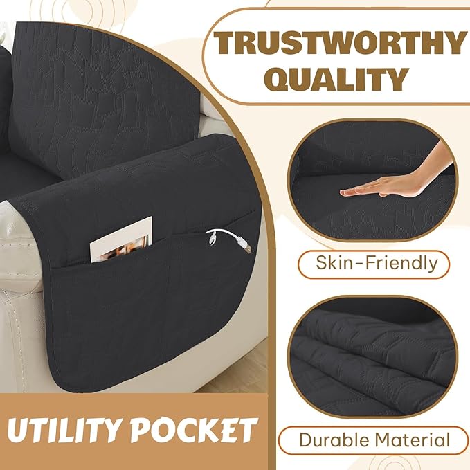 XINEAGE 100% Waterproof Recliner Chair Covers with Elastic Straps, Nonslip Reclining Couch Covers Washable Recliner Couch Cover with Pockets Furniture Protector for Pets Dogs (Black, 25")