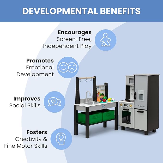 Delta Children Gourmet All-in-One Corner Play Kitchen - Toy Kitchen Playset with Safe & Heatless Stove with Lights, Oven, Sink, Fridge/Freezer with Ice Maker and 20 Accessories, Grey