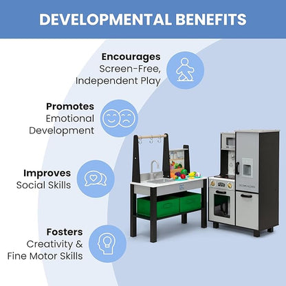 Delta Children Gourmet All-in-One Corner Play Kitchen - Toy Kitchen Playset with Safe & Heatless Stove with Lights, Oven, Sink, Fridge/Freezer with Ice Maker and 20 Accessories, Grey