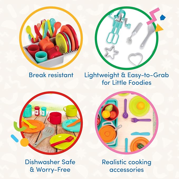 Battat – Toy Kitchen Set – 71Pc Pretend Cooking Accessories – 4 Table Settings & Cutlery – Dishwasher Safe & Worry-Free – 2 Years + – Deluxe Kitchen Playset