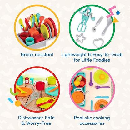 Battat – Toy Kitchen Set – 71Pc Pretend Cooking Accessories – 4 Table Settings & Cutlery – Dishwasher Safe & Worry-Free – 2 Years + – Deluxe Kitchen Playset