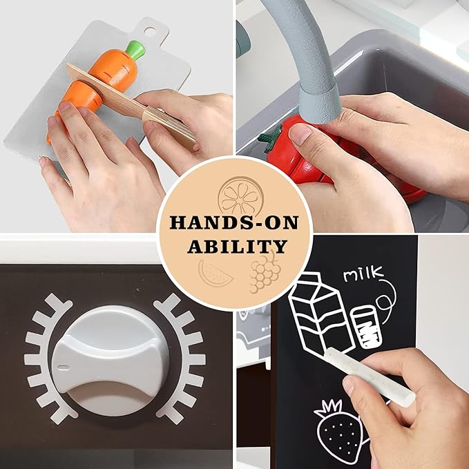 TaoHFE Corner Play Kitchen with Lights & Sounds Brown Kitchen Kids Toddler Kitchen Set with Washer, Chalkboard Wooden Kitchen Kids Playset with Washing Machine Range Hood Boys Gift for Ages 3+