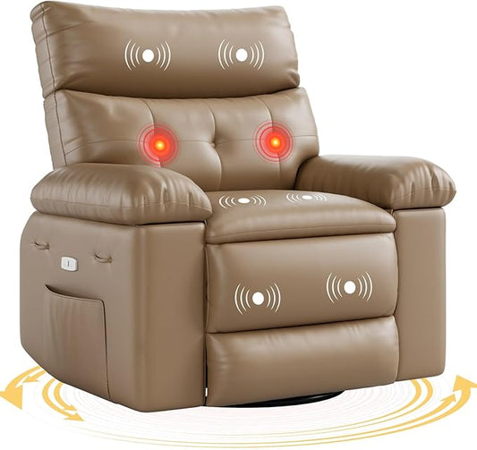Electric Recliner Chair - 360° Rocker Swivel Recliner with Heat and Massage, PU Leather Large Power Recliner for Adults, Comfortable Lazy Chair with 1.5X Sponge Filling for Living Room, Tan