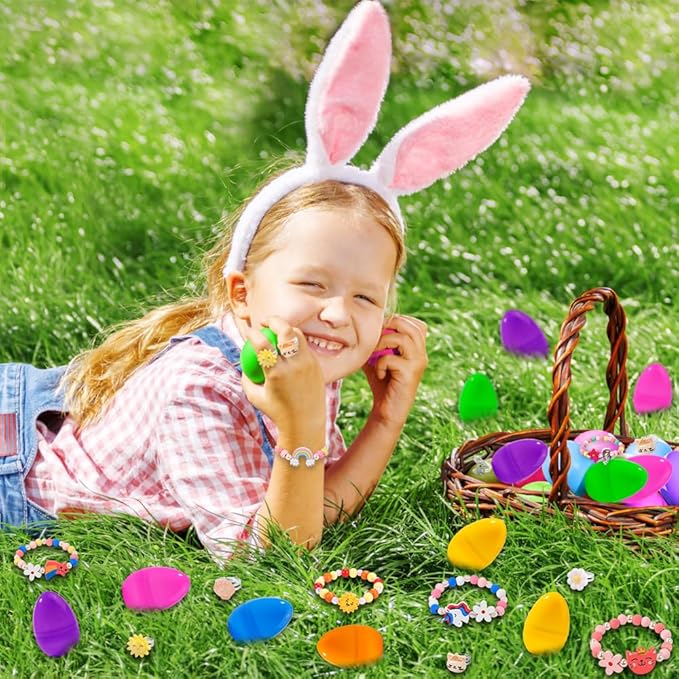 12 Pack Prefilled Easter Eggs with 24pcs Bracelets Rings Easter Basket Stuffers Easter Egg Fillers for Girls Party Favors Kids Toddler Easter Gifts