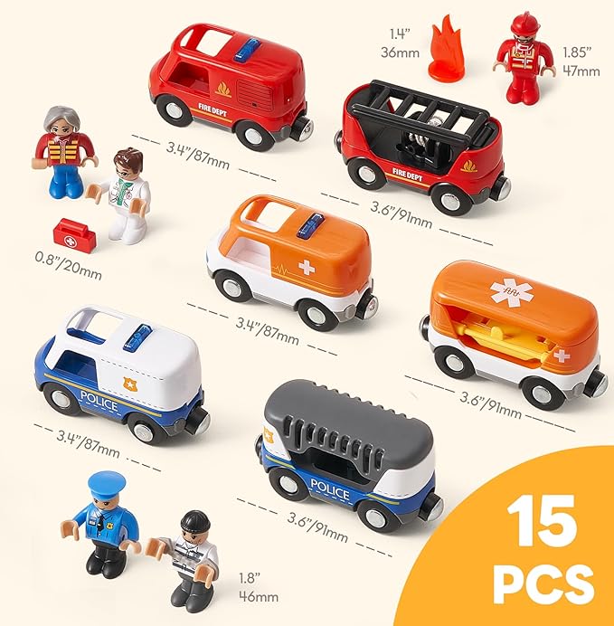 Giant bean 6pcs Magnetic Rescue Train Car Set with Sound & Light – 3 in1 Police, Fire & Ambulance Emergency Vehicles, Magnetic Coupling with Action Figures Accessories, STEM Play Toy for Kids 3+