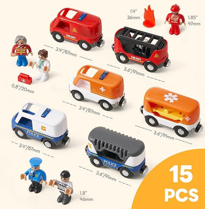 Giant bean 6pcs Magnetic Rescue Train Car Set with Sound & Light – 3 in1 Police, Fire & Ambulance Emergency Vehicles, Magnetic Coupling with Action Figures Accessories, STEM Play Toy for Kids 3+