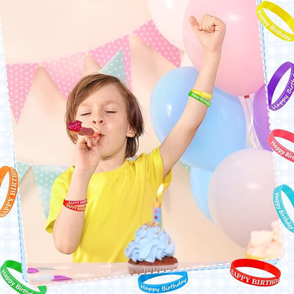 Sratte 120 Pcs Happy Birthday Rubber Bracelets for Kids Stretch Wristbands Bulk Birthday Bracelets for Classroom Student Back to School Gift Teacher Birthday Party Favors Supplies