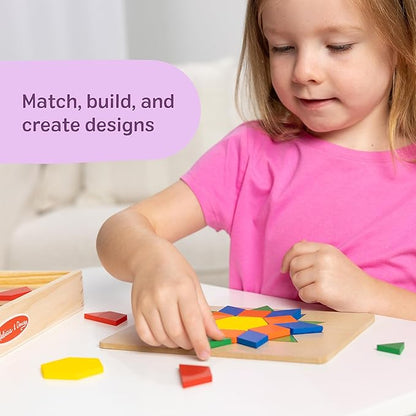 Melissa & Doug Pattern Blocks and Boards with 120 Multi-Colored Wooden Shape Tiles, 5 Double-Sided Puzzle Boards, Tangram Puzzles, Montessori Toys for Girls & Boys